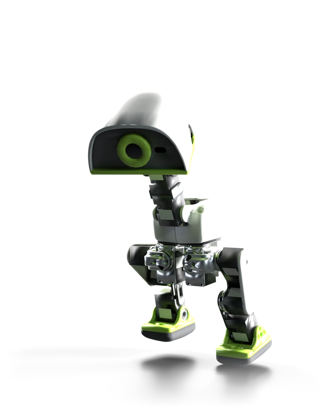 The AWOD coach robot mid-step: a white hooded head with a lime-ringed camera eye, black servo joints and lime feet