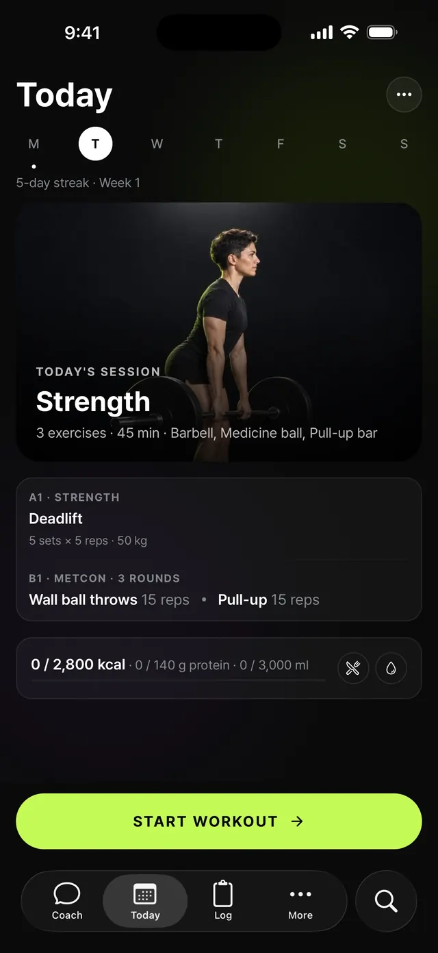 AWOD's Today screen: today's strength session and a Start workout button