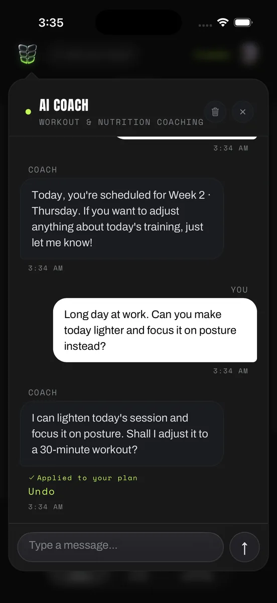 AWOD AI Coach chat: the user asks for a lighter posture-focused day, the coach adjusts the plan, and an Applied to your plan receipt appears with a one-tap Undo