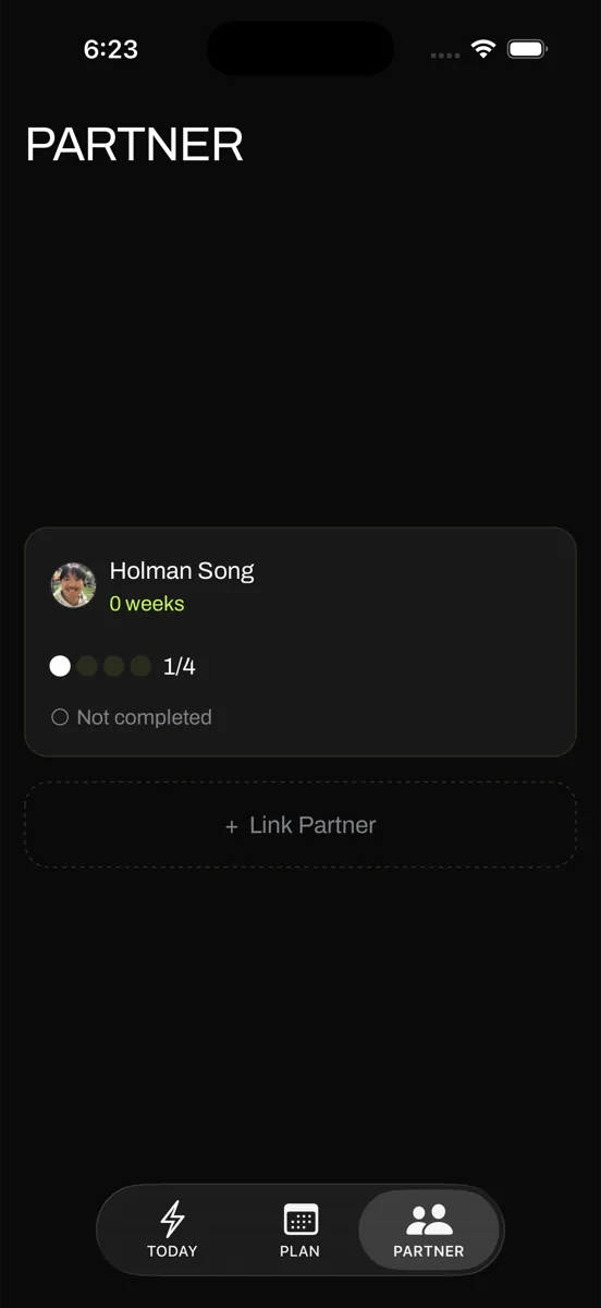 AWOD Partner screen: a linked training partner with weekly progress dots and completion status
