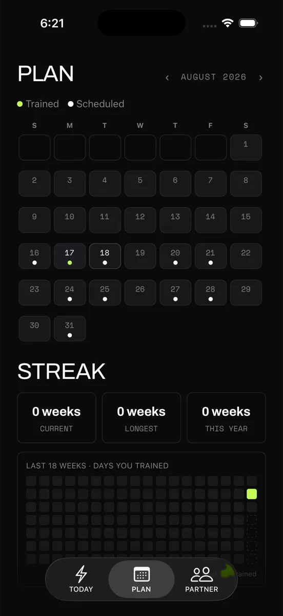 AWOD Plan screen: monthly calendar with trained and scheduled markers, streak stats, and an 18-week training heatmap